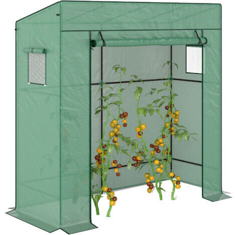 royaluxe -Serre de jardin murale adossée avec 1 porte enroulable, bâche PE renforcée, 2 fenêtres, dim. 196L x 77l x 197/178H cm