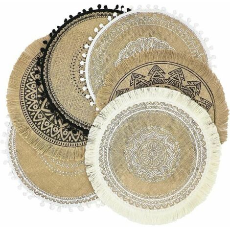 royaluxe -Table à manger Set de 6 Coul Boho Sets de Table Ronds Assiettes Set de Table Sets de Table Ferme Toile de Jute Macramé - Colorier un Décoration de table