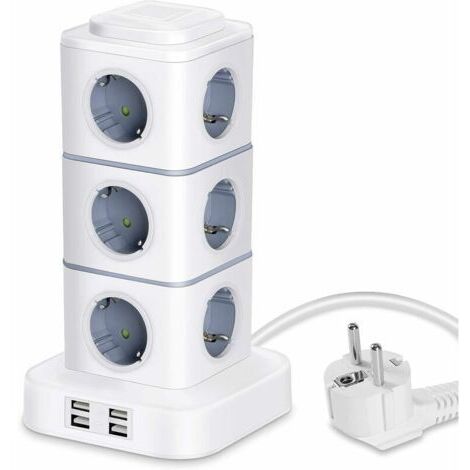 royaluxe -Tour Multiprise, 12 Prises Multiprise Electrique (2500W / 10A) avec 4 Ports USB, Multi Prises électriques Parafoudre Multiprise Verticale pour Maison Bureau, Rallonge 3M