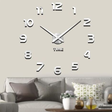 royaluxe - Vangold Modern Mute DIY Frameless Grande Horloge Murale 3D Mirror Sticker Metal Big Watches Décorations de Home Office (argenté)