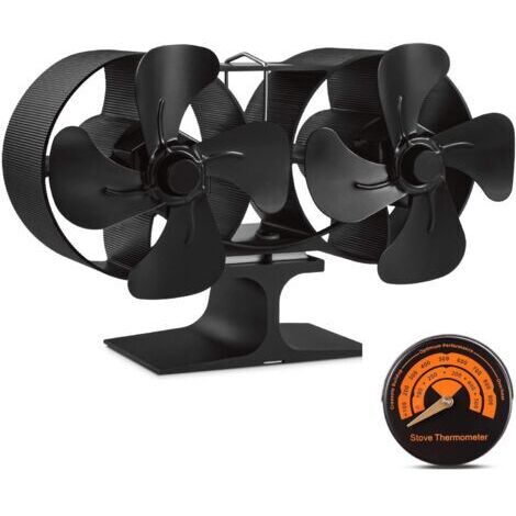 royaluxe -Ventilateur de poêle à bois à double moteur 8 pales de petite taille, chauffage silencieux, alimenté par l'air, ventilateur écologique pour poêles à gaz/granulés/bois/bûches avec thermomètre