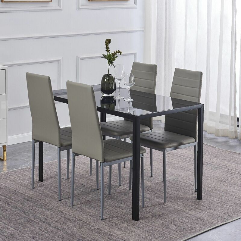 Black Rectangular Tempered Glass Dining Table with 4pcs Grey Faux Leather Dining Chairs Dining Room Kitchen Set - Rozhome