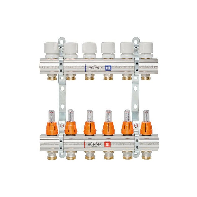 Répartiteur de chauffage evebes Type M6 3 DN25 1 laiton 3 circuits avec debitmetre
