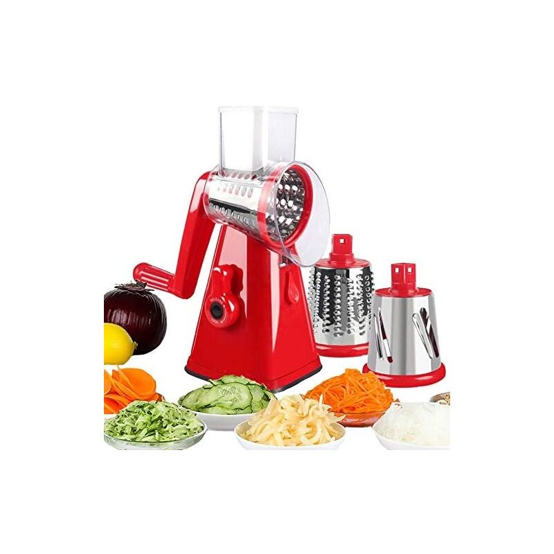 Râpe à Fromage Rotative Râpe à légumes rotative manuelle Mandoline avec 3 lames interchangeables, facile à utiliser (rouge)