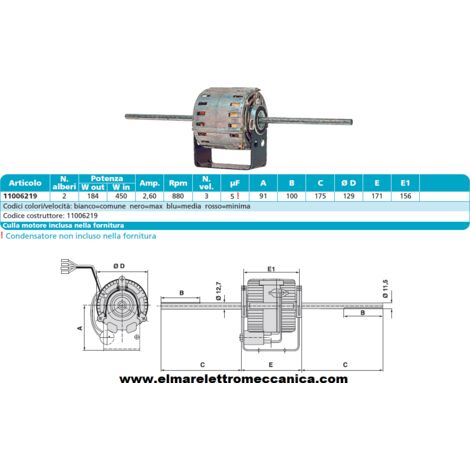 RPM 11006219 Motore 450 W BIALBERO 3 Velocità aspiratore Fan Coil