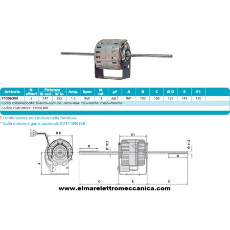 RPM 11006308 Motore 385 W BIALBERO 3 Velocità aspiratore Fan Coil