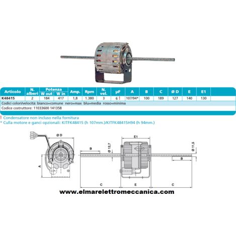 RPM 11033600 Motore 417 W BIALBERO 3 Velocità aspiratore Fan Coil