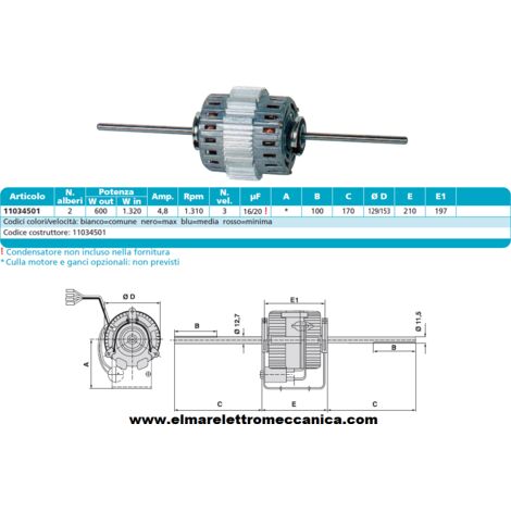 RPM 11034501 Motore 1320 W BIALBERO 5 Velocità aspiratore Fan Coil