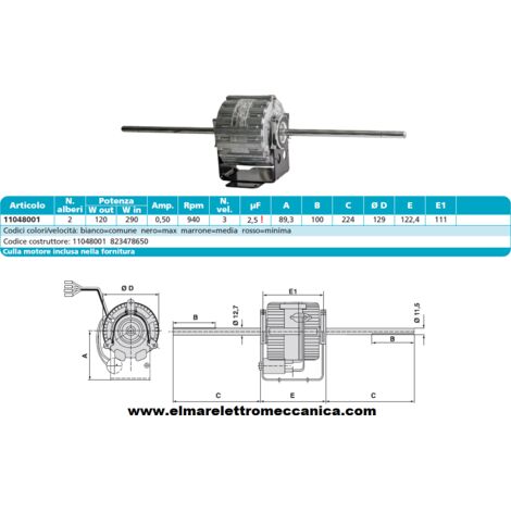 RPM 11048001 Motore 290 W BIALBERO 3 Velocità aspiratore Fan Coil