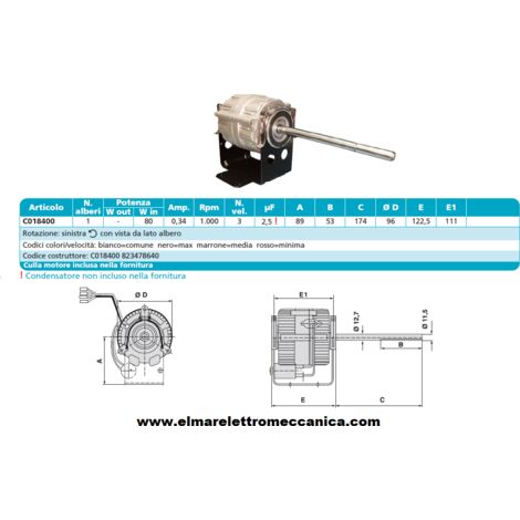 RPM C018400 80 W MONOALBERO 3 Velocità aspiratore Fan Coil