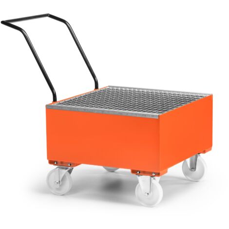 RR Industrietechnik Fahrbare Auffangwanne aus Stahl für 1x 200 Liter Fass mit Gitterrost RAL 2004 reinorange