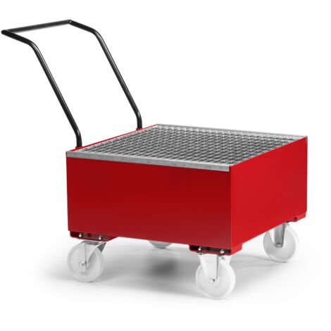 RR Industrietechnik Fahrbare Auffangwanne aus Stahl für 1x 200 Liter Fass mit Gitterrost RAL 3000 Feuerrot