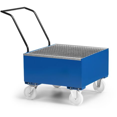 RR Industrietechnik Fahrbare Auffangwanne aus Stahl für 1x 200 Liter Fass mit Gitterrost RAL 5010 enzianblau