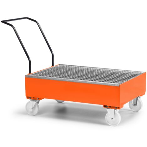 RR Industrietechnik Fahrbare Auffangwanne aus Stahl für 2x 200 Liter Fass mit Gitterrost RAL 2004 reinorange