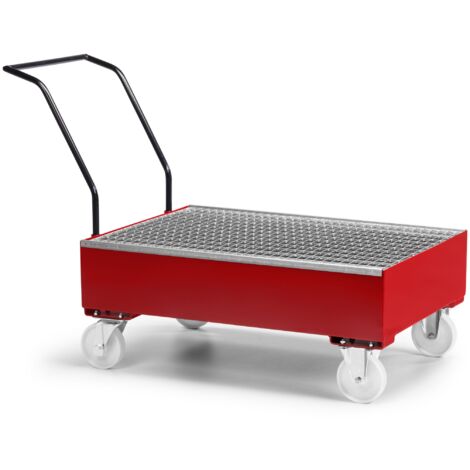 RR Industrietechnik Fahrbare Auffangwanne aus Stahl für 2x 200 Liter Fass mit Gitterrost RAL 3000 feuerrot