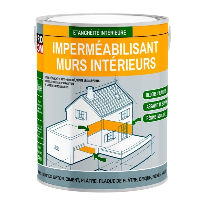 Procom - Résine d'étanchéité mur intérieur, anti-humidité, anti-salpêtre - Plâtres, pierres, briques, ciment, béton Incolore 2.5 litres