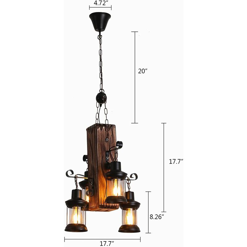 Etoile - Rétro Luminaire Suspension Industrielle Loft Bar Suspension Créative Personnalité Salon en Bois et 4 Lumières Suspension Luminaire