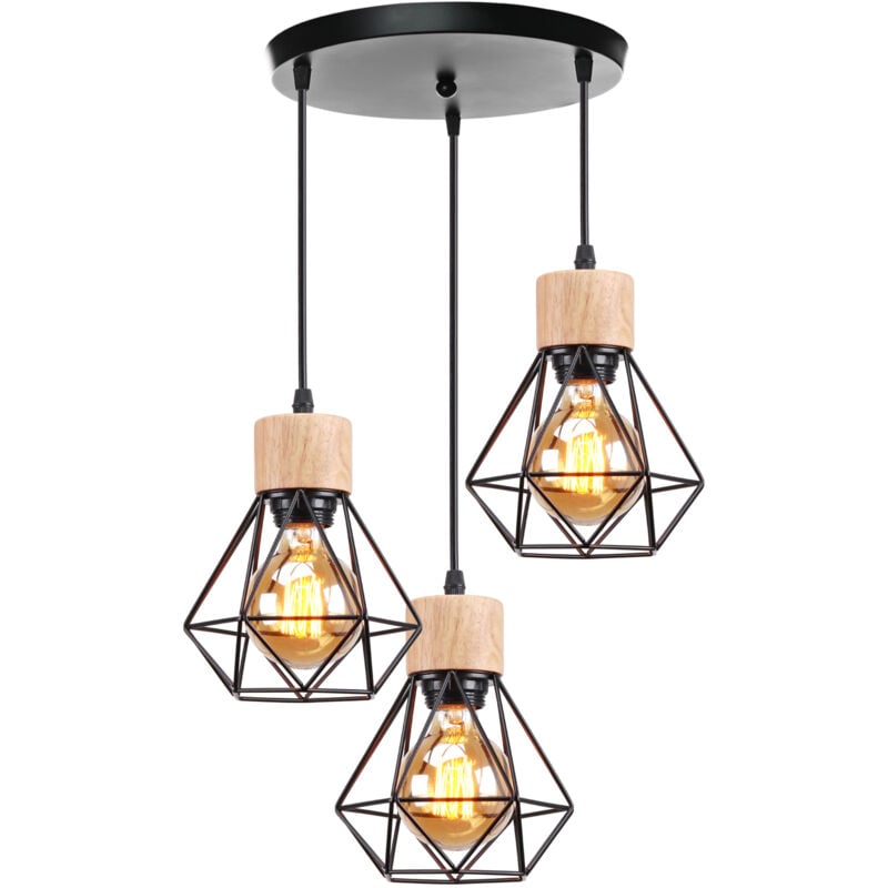 Rétro Lustre Suspension Cage Diamant Fer Luminaire 3 Lumières Design en Bois Noir