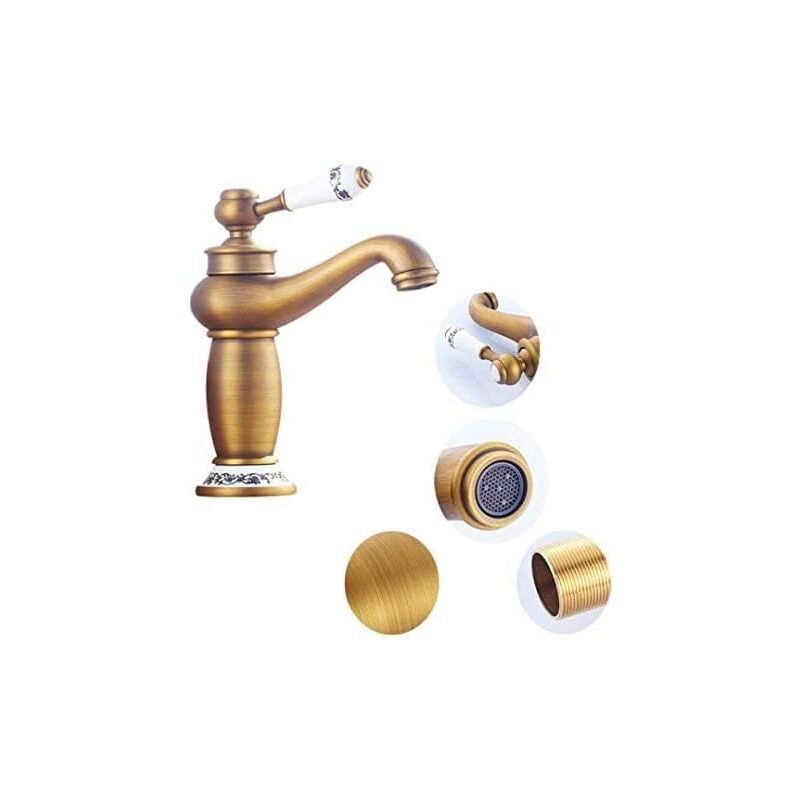 Galozzoit - Rétro Mitigeur Robinet de Lavabo Laiton Céramique Évier Robinet Bleu Et Blanc en Porcelaine à Long Cou Vintage Floral avec l'entrée