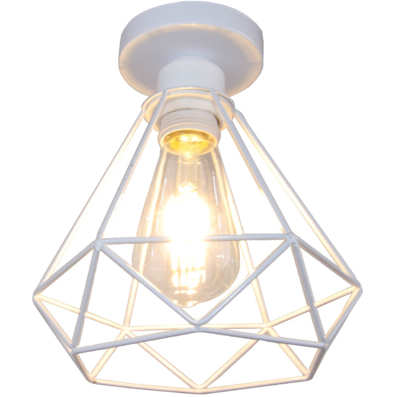 Rétro Plafonnier Industrielle Cage Design forme Diamant 20cm, Lustre Abat-jour Vintage Lampe de Plafond en Métal Fer Luminaire E27 - Blanc