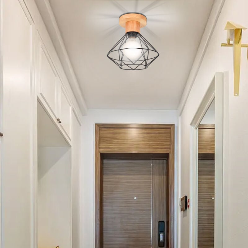 Rétro Plafonnier Vintage Cage en Métal et Bois E27 Lustre Lampe Plafond pour Couloir Escalier Chambre Noir
