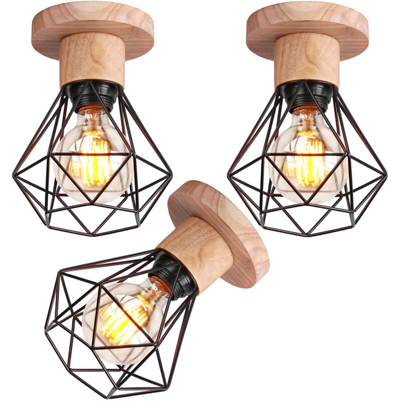 Rétro Plafonnier Vintage Industrielle Cage Forme Diamant Lustre Suspension pour Salon Entrée Cuisine Noir - 3 Pack