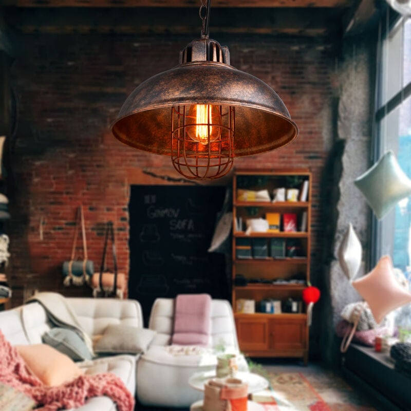 Suspension Lumianire Industrielle Lustre Abat-jour Métal Luminaire pour Salon Chambre Restaurant Café Rouille