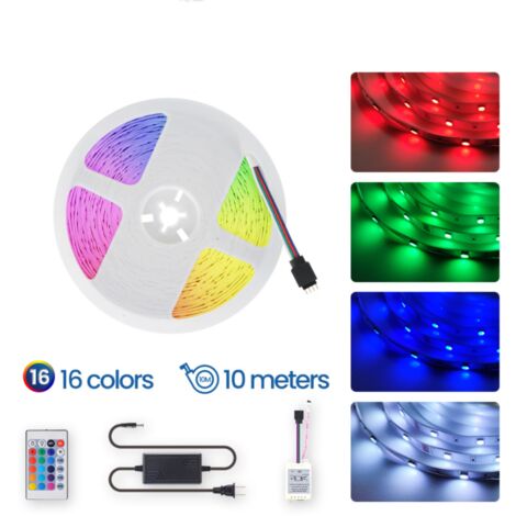 Ruban à LED 10m Bande LED RGB Multicolores, guirlande lumineuse dimmable avec télécommande, auto-adhésif
