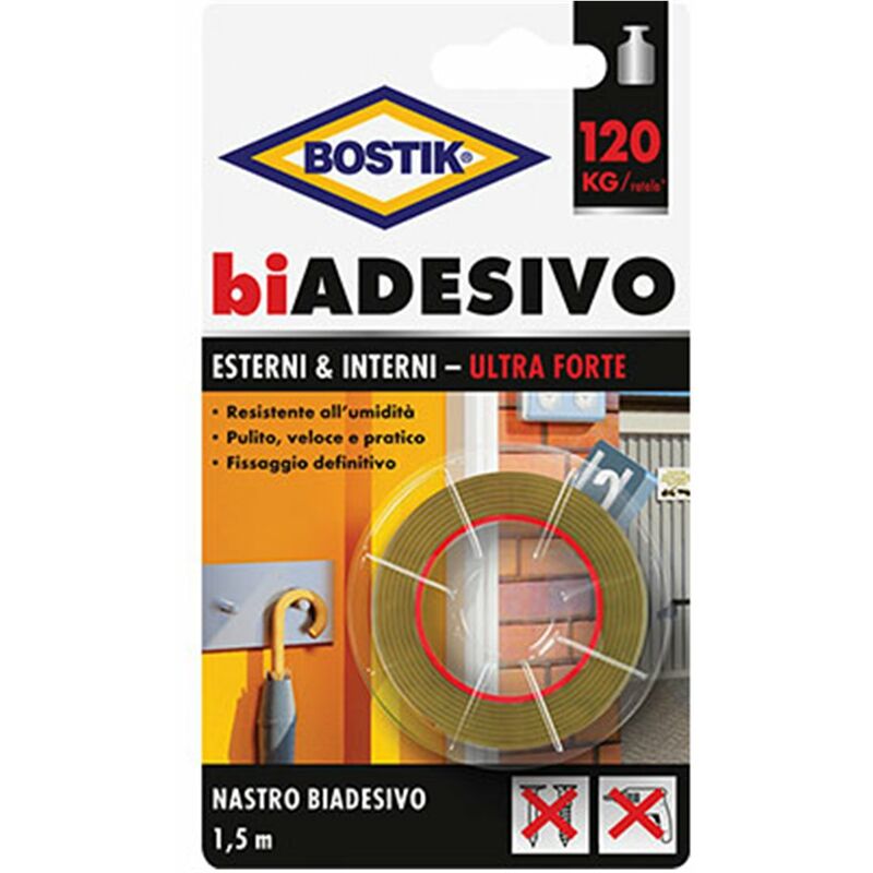 Bostik - Ruban adhésif double face pour intérieurs et extérieurs, largeur 19 mm et longueur 1,5 ml
