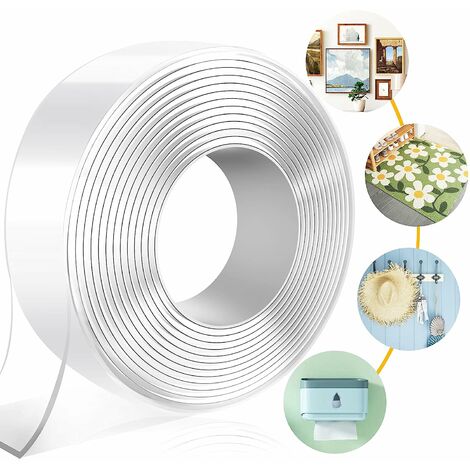 Ruban Adhésif Double Face Extra Fort, Accroche Tableau Sans Percer Puissant Transparent Multifonctionnel Réutilisable Lavable Pour Les Tapis et Les Voitures (3M x 3CM x 2MM)
