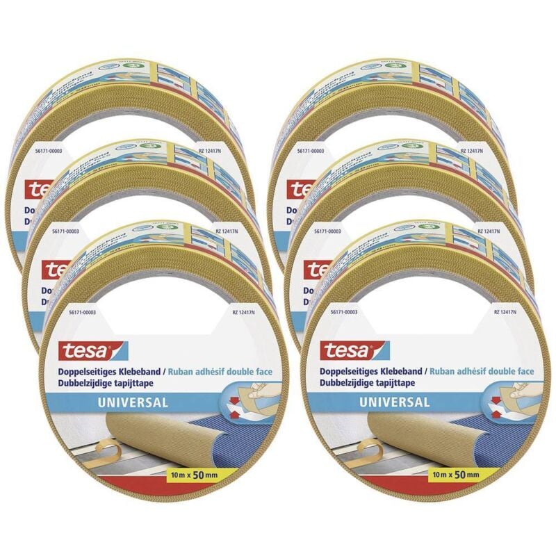 tesa ruban adhésif double face universel en paquet de 6 - ruban adhésif polyvalent pour l'emballage, la décoration et les tapis ou pour l'artisanat