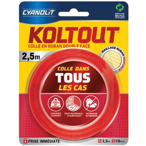 Ruban adhésif double face transparent 2,5 m x 19 mm – Résistance 300 kg – Pour surfaces lisses et rugueuses – Prise immédiate