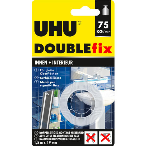 Ruban adhésif double face ultra puissant 1.5m x 19mm – Résistant à l'humidité – Fixation permanente sur surfaces lisses – UHU - 5mx19mm