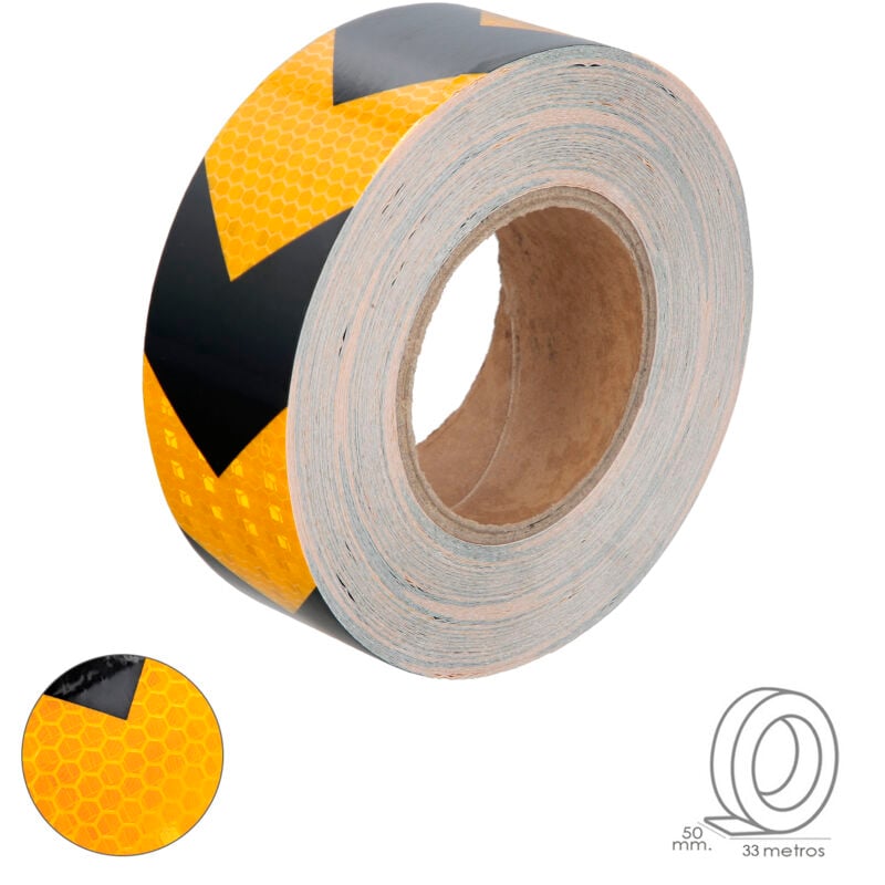 Ruban adhésif réfléchissant jaune/noir 50 mm. x 33 mètres. Usage domestique.
