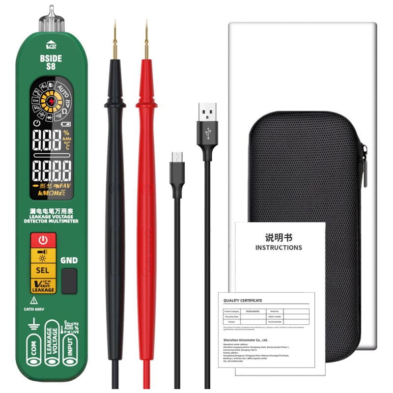 Multimètre portable 3 en 1 BSIDE S8, stylo de test électrique, thermomètre numérique 6 000 points, stylo de test de fuite, écran rétroéclairé couleur