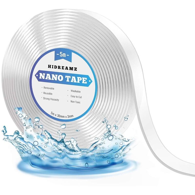 Ruban Adhésif Nano Réutilisable, Ruban Adhésif Double Face Amovible, Lavable et Résistant Pour Les Articles à Coller, Réparer Les Tapi(5m x 3cm x 2mm)