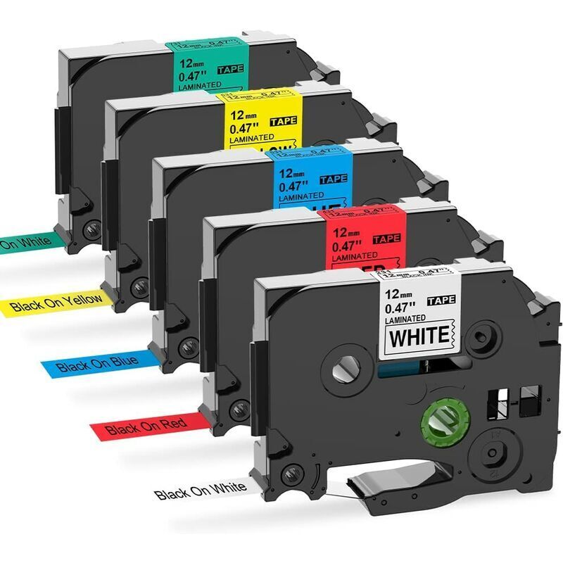 Ruban compatible pour Brother P-touch TZe TZ 12mm Laminé Cassettes pour Etiqueteuse Brother ptouch PT-H100LB PT-E100 D400 1250 H110 1000, Noir sur
