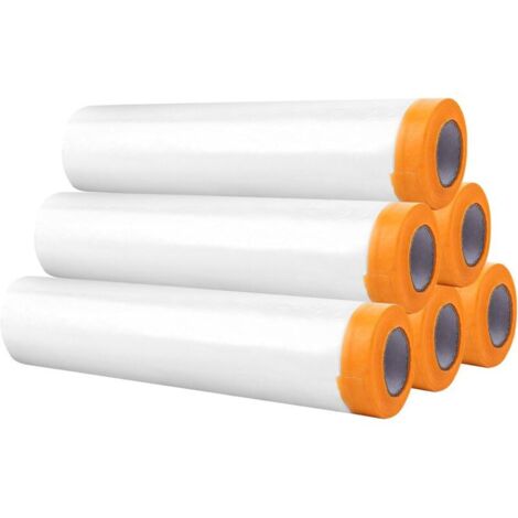 Ruban de masquage 6 rouleaux (180 cm × 10 m) – Film protecteur transparent en polyéthylène avec support en papier jaune, idéal pour la peinture murale et la protection anti-poussière