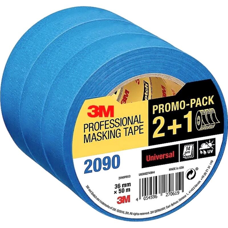 Ruban de masquage bleu professionnel 3M 2090 multi surface - 36 mm x 50 m - 2+1 gratuit