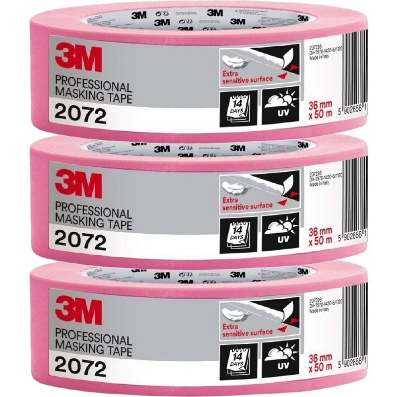 3M - Ruban de masquage professionnel rose 2072 surface extra sensible 36 mm x 50 m - 2+1 gratuit