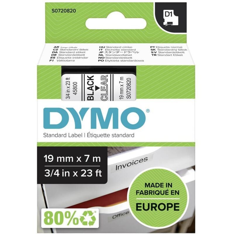 Ruban d'étiquetage Dymo D1 45800 Couleur de ruban: transparent Couleur de police:noir 19 mm 7 m