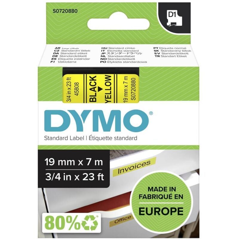 Ruban d'étiquetage Dymo D1 45808 Couleur de ruban: jaune Couleur de police:noir 19 mm 7 m