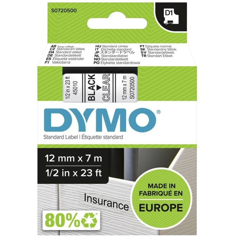 Ruban d'étiquetage Dymo D1 45010 Couleur de ruban: transparent Couleur de police:noir 12 mm 7 m