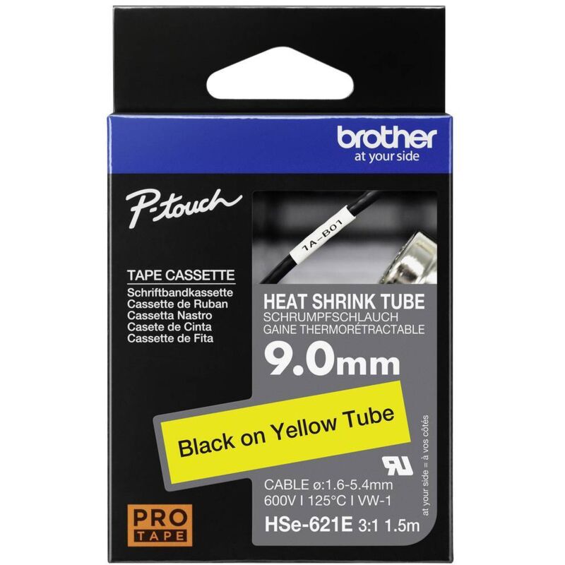 Brother - Ruban d'étiquetage pour gaine thermorétractable HSe HSE621E Couleur de ruban: jaune Couleur de police:noir 9.0