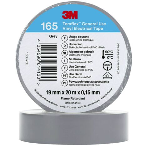 Ruban isolant 3M Temflex 165 en Vinyle Gris 20m x 19mm x 0.152mm ( Prix pour 1 )