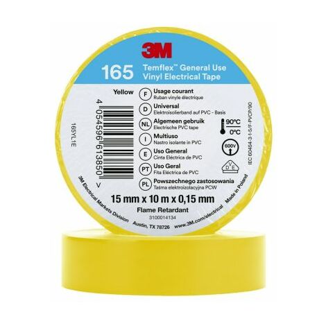 Ruban isolant 3M Temflex 165 en Vinyle Jaune 10m x 15mm x 0.152mm ( Prix pour 1 )