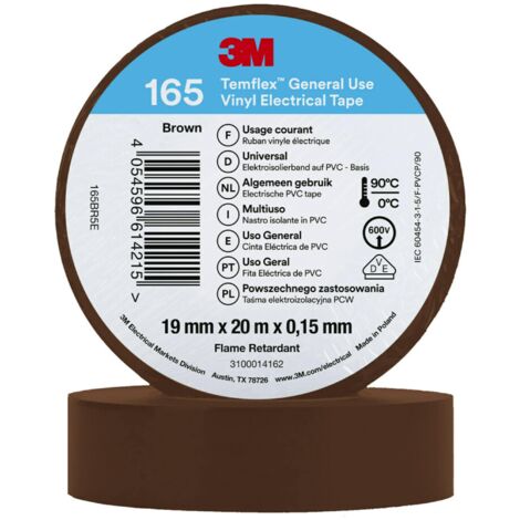 Ruban isolant 3M Temflex 165 en Vinyle Marron 20m x 19mm x 0.152mm ( Prix pour 1 )