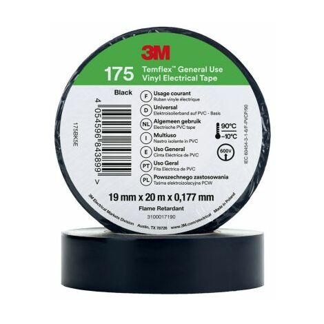 Ruban isolant 3M Temflex en Vinyle Noir 20m x 19mm x 0.178mm ( Prix pour 1 )