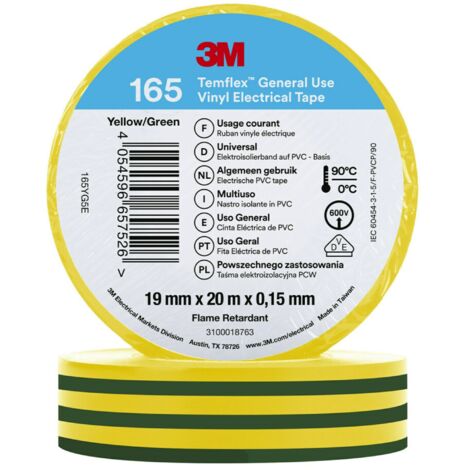 Ruban isolant 3M Temflex en Vinyle Vert, Jaune 20m x 19mm x 0.152mm ( Prix pour 1 )