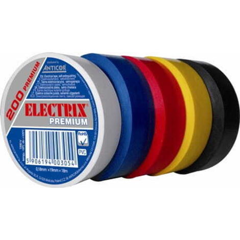 Ruban isolant électrique en PVC 0,18 mm x 19 mm x 18 m arc-en-ciel Electrix 200 premium pack de 5